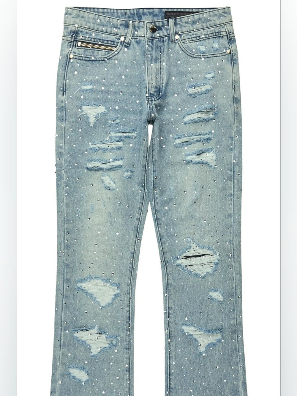 Light Blue Distressed Bootcut Jeans with Stud Detail